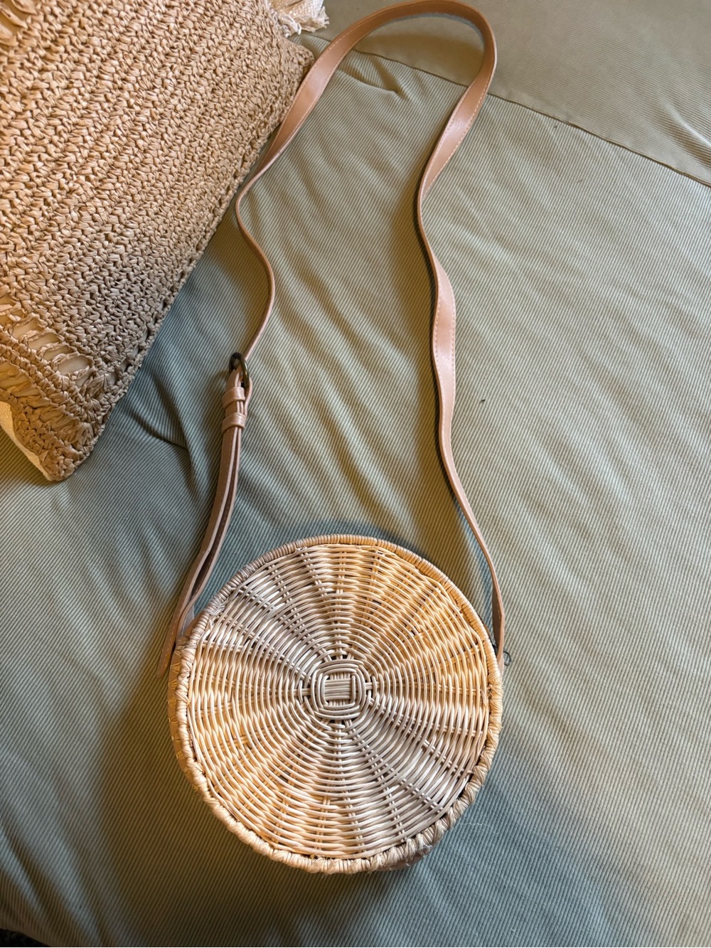 Target Round Woven Crossbody Bag in Beige with Tan Strap